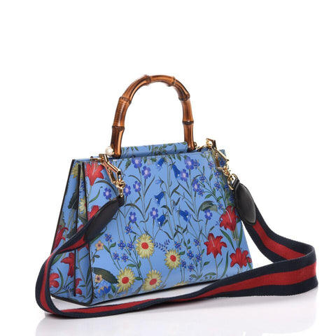 Gucci Nymphae Azure Shanghai Leather Handbag Snap Floral Blue Gold Bag Purse NEW