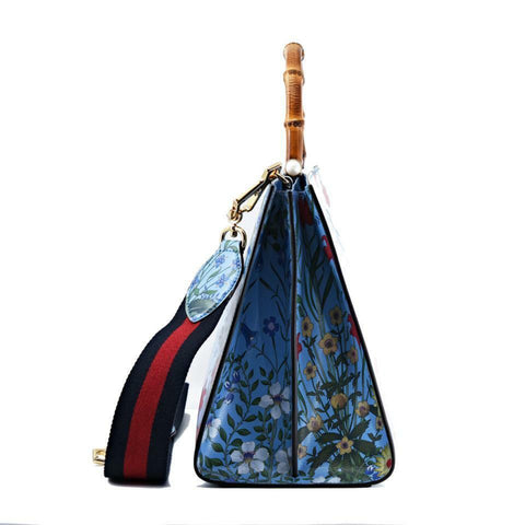 Gucci Nymphae Azure Shanghai Leather Handbag Snap Floral Blue Gold Bag Purse NEW