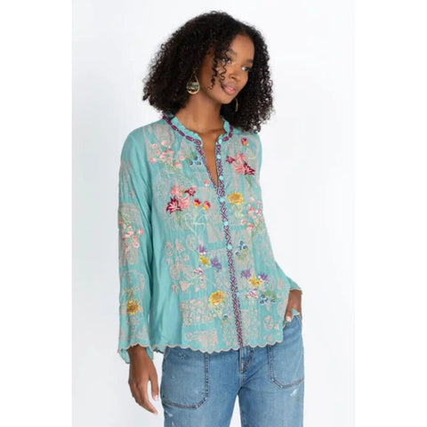 Johnny Was Allbee Blouse Marine Blue Silk Shirt Top Flower Embroidery Floral New