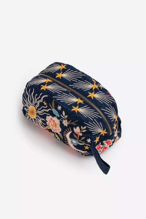 Johnny Was Lissa Cotton Make Up Bag Velvet Cosmetic Case Handbag Purse Blue NEW