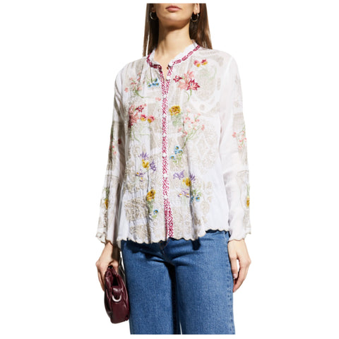 Johnny Was Allbee Blouse Marine Blue Silk Shirt Top Flower Embroidery Floral New