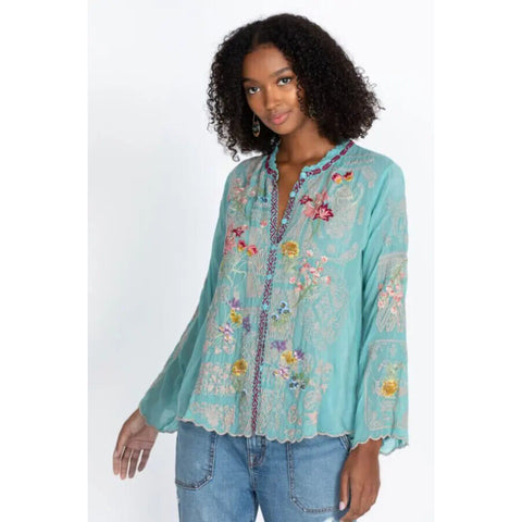 Johnny Was Allbee Blouse Marine Blue Silk Shirt Top Flower Embroidery Floral New