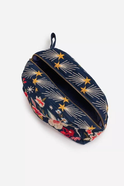 Johnny Was Lissa Cotton Make Up Bag Velvet Cosmetic Case Handbag Purse Blue NEW