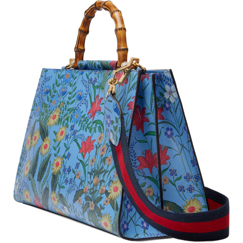 Gucci Nymphae Azure Shanghai Leather Handbag Snap Floral Blue Gold Bag Purse NEW