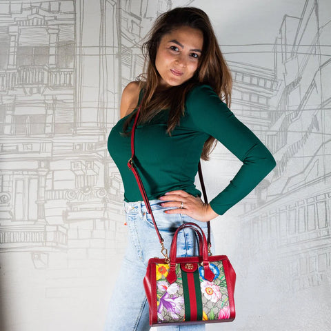 Gucci Ophidia Red Floral Small Tote Leather Canvas Flower Handbag Bag Italy NEW
