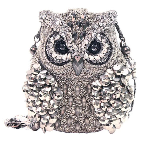 Mary Frances Wisdom Owl Beaded Chain Strap Crossbody Purse Handbag Silver New