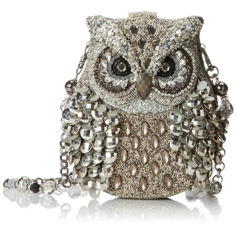 Mary Frances Wisdom Owl Beaded Chain Strap Crossbody Purse Handbag Silver New