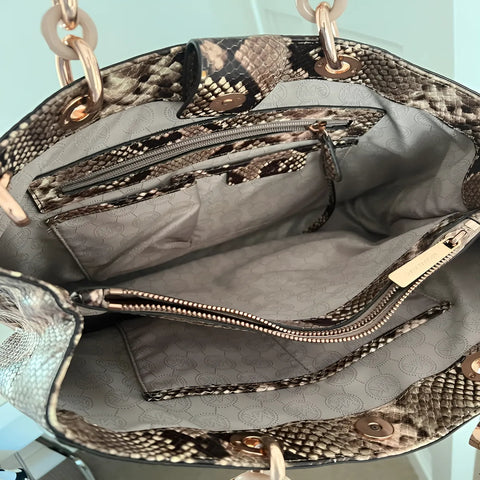 MICHAEL KORS Cynthia Medium Brown Python Embossed Leather Shoulder Bag Purse New
