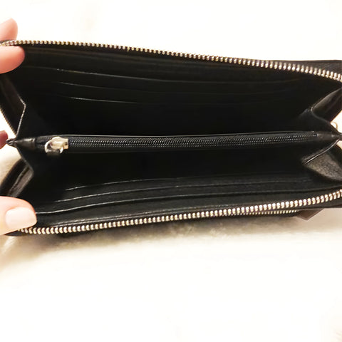 Michael Kors Bedford Deep Black Leather Double Zip Closure Wallet Purse Bag New
