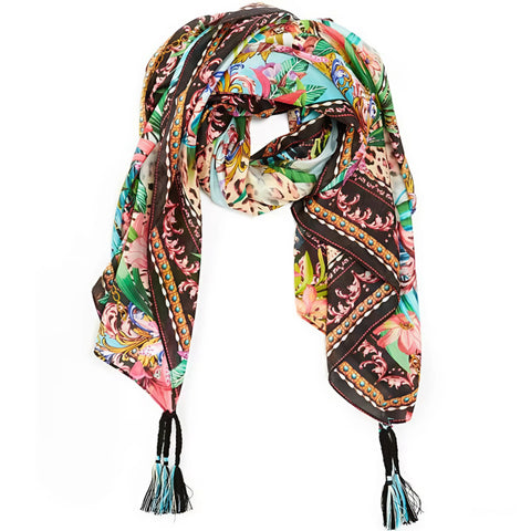 Johnny Was Miller Tigre Scarf Silk White Floral Tassel Scarves Square Large New