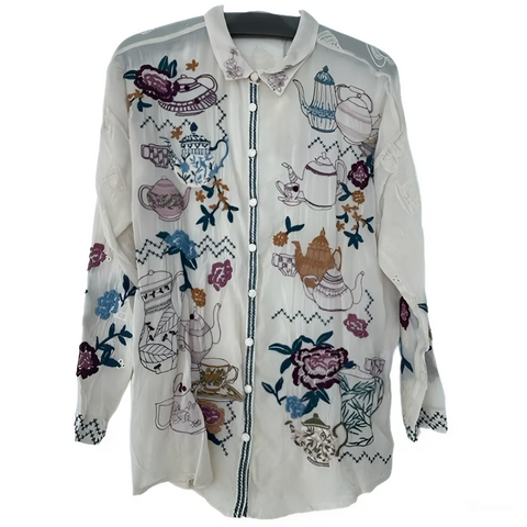 Johnny Was Tea Time Blouse Top Button Shirt Long Embroidery Floral White NEW