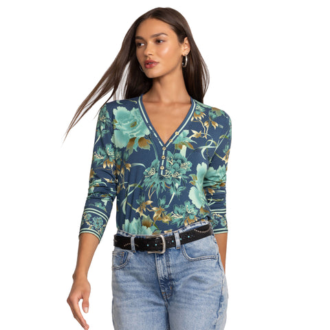 Johnny Was Janie Favorite Henley Peonee Blue Long Sleeve Tee Floral Shirt Top Small NEW