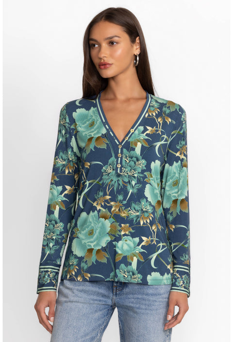 Johnny Was Janie Favorite Henley Peonee Blue Long Sleeve Tee Floral Shirt Top Small NEW