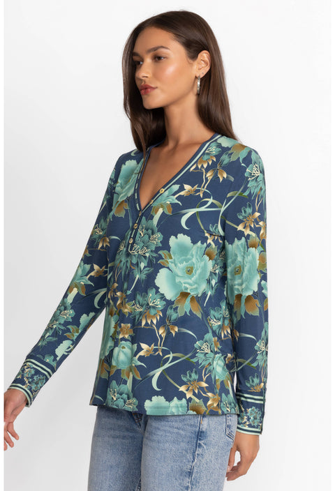 Johnny Was Janie Favorite Henley Peonee Blue Long Sleeve Tee Floral Shirt Top Small NEW