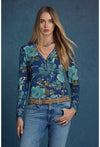 Johnny Was Janie Favorite Henley Peonee Blue Long Sleeve Tee Floral Shirt Top Small NEW