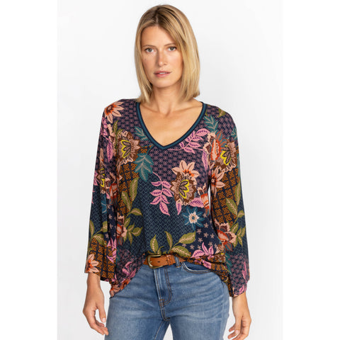 Johnny Was Delfino V Neck Kimono Sleeve Tee Flowers Blue Top Floral Shirt New