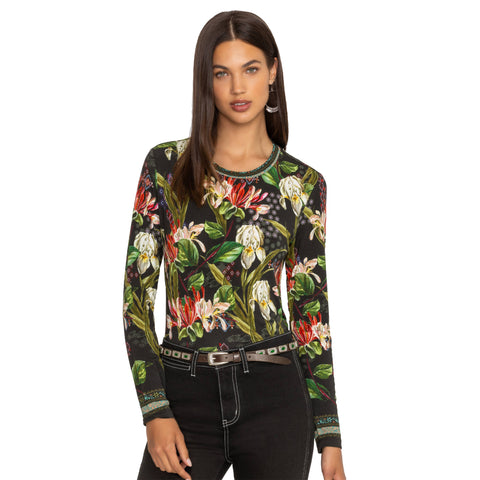 Johnny Was Janie Favorite Iris Whisper Long Swing Tee Floral Shirt Top Black NEW