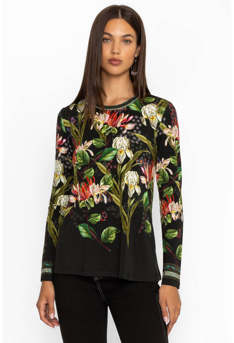 Johnny Was Janie Favorite Iris Whisper Long Swing Tee Floral Shirt Top Black NEW