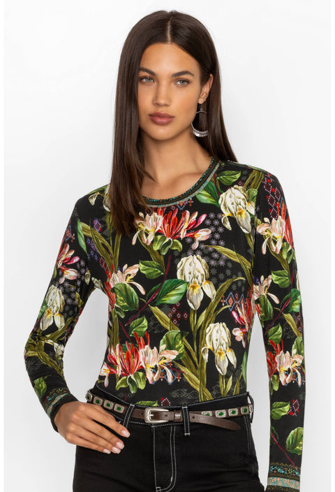 Johnny Was Janie Favorite Iris Whisper Long Swing Tee Floral Shirt Top Black NEW