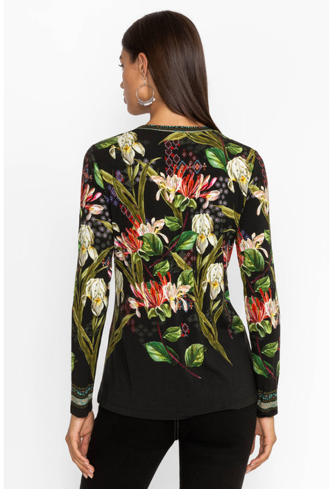 Johnny Was Janie Favorite Iris Whisper Long Swing Tee Floral Shirt Top Black NEW