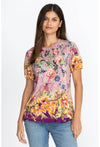Johnny Was Topiary Puff Sleeve Floral Pink Violet Shirt Top Flower Knit Tee New