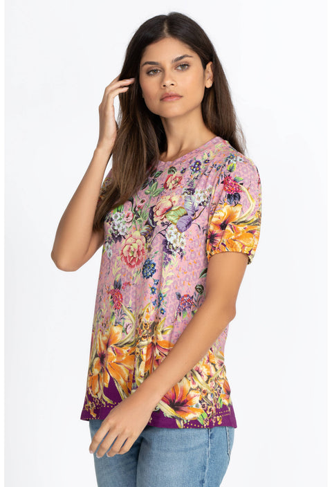 Johnny Was Topiary Puff Sleeve Floral Pink Violet Shirt Top Flower Knit Tee New
