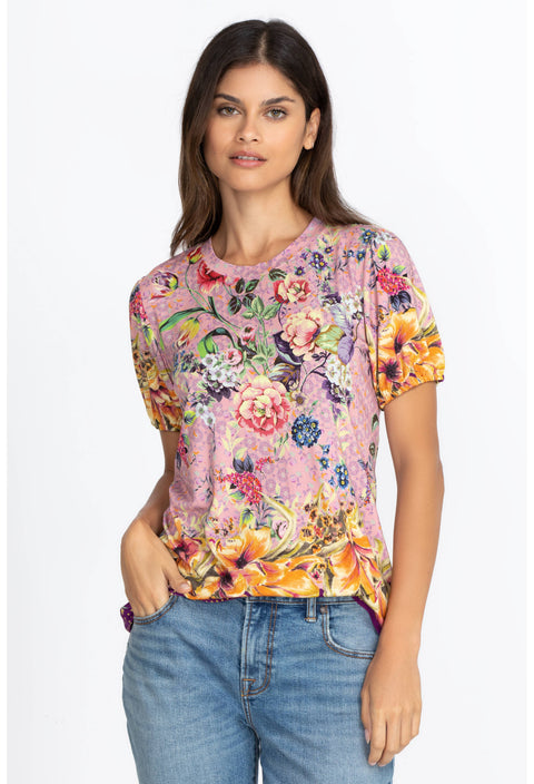 Johnny Was Topiary Puff Sleeve Floral Pink Violet Shirt Top Flower Knit Tee New