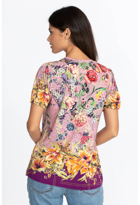 Johnny Was Topiary Puff Sleeve Floral Pink Violet Shirt Top Flower Knit Tee New