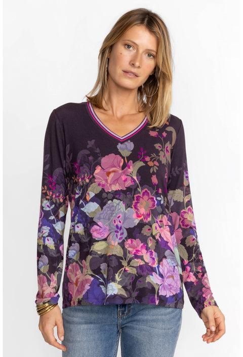 Johnny Was Janie Favorite Valeria Long Floral Special Tee Purple Top Shirt NEW