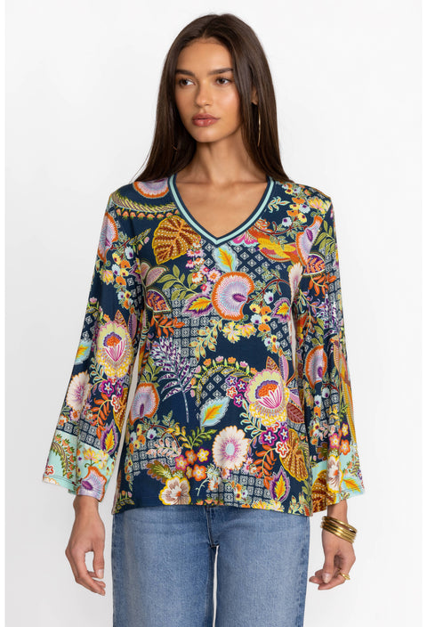Johnny Was Janie Favorite V Neck Kimono Sleeve Swing Tee Wild Plus Blue Shirt New