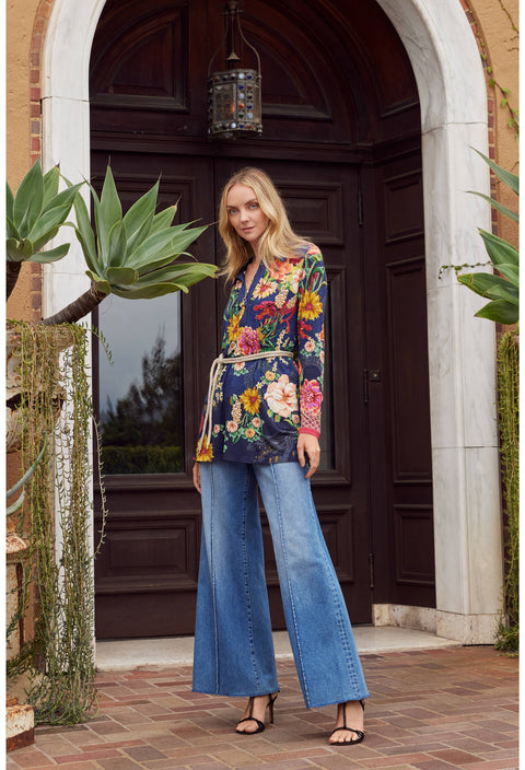 Johnny Was Janie Dragona Polo Swing Tunic Navy Blue Floral Top Shirt Medium NEW