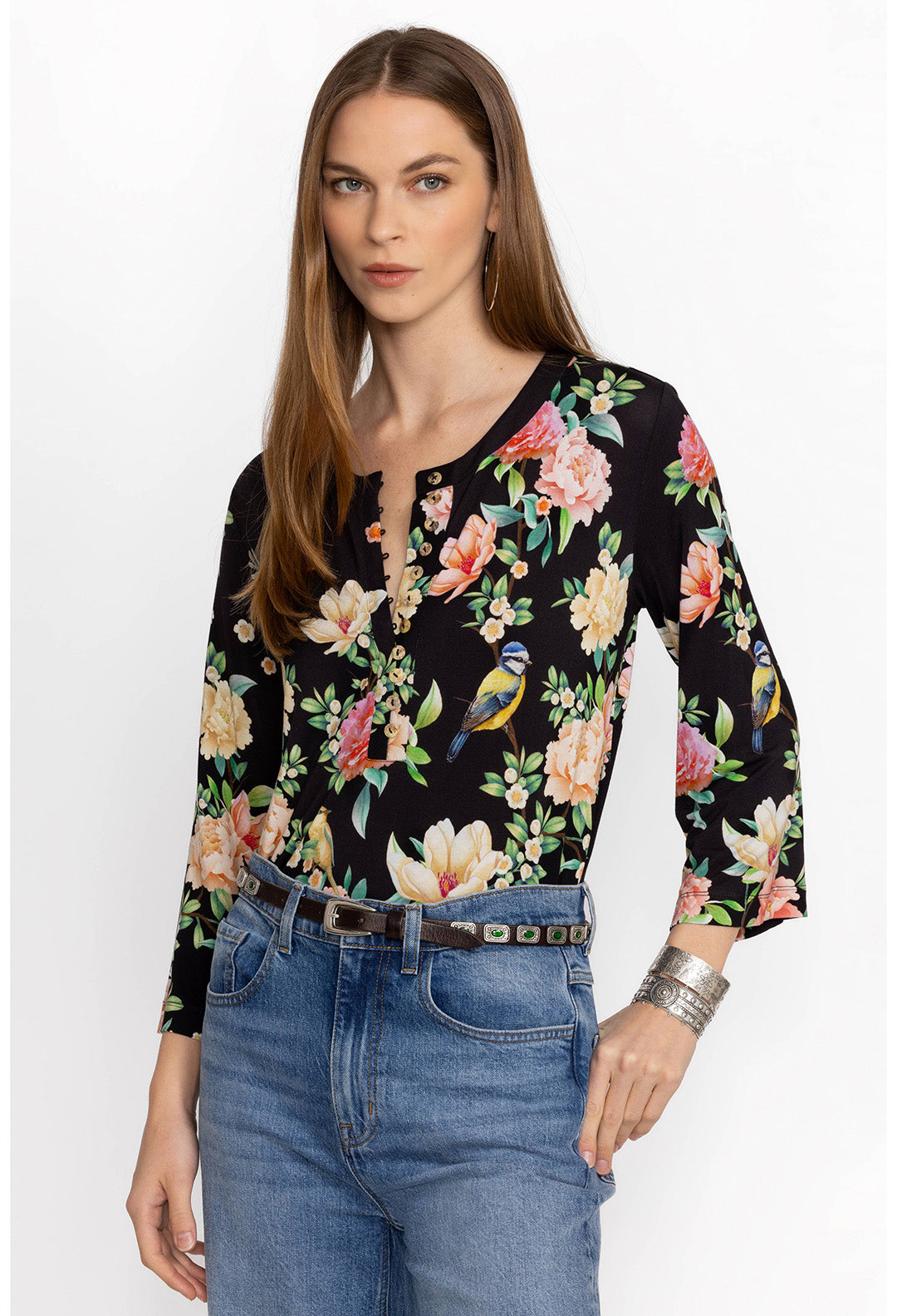 Johnny Was Janie Favorite Button Front Tunic Birdie Black Floral Top S ...