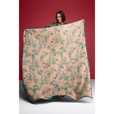 Johnny Was Tigres Travel Blanket Cream Reversible Blue Floral Home Lounge New