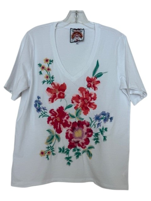 Johnny Was Celiora Raw Hem Tee Short Floral Embroidery Cotton Shirt White Top NEW