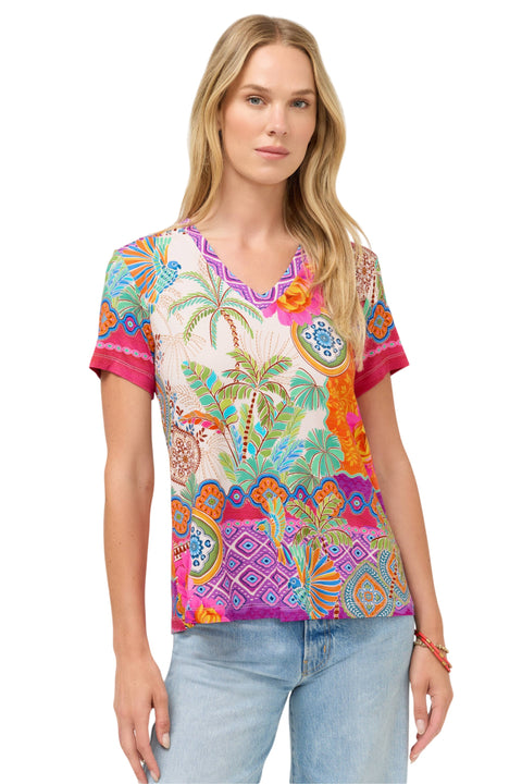 Johnny Was Janie Favorite Avelar Short V Neck Tee Floral Shirt Beige Pink Top NEW