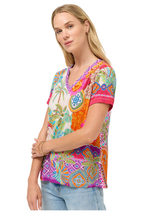 Johnny Was Janie Favorite Avelar Short V Neck Tee Floral Shirt Beige Pink Top NEW
