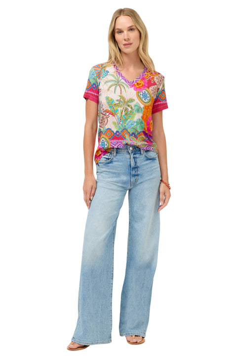Johnny Was Janie Favorite Avelar Short V Neck Tee Floral Shirt Beige Pink Top NEW