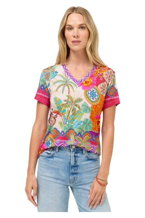 Johnny Was Janie Favorite Avelar Short V Neck Tee Floral Shirt Beige Pink Top NEW