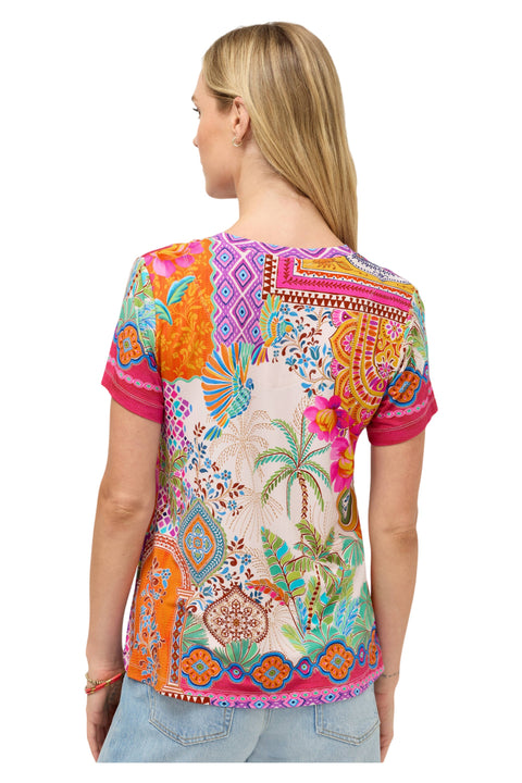 Johnny Was Janie Favorite Avelar Short V Neck Tee Floral Shirt Beige Pink Top NEW