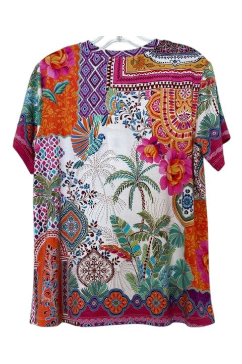 Johnny Was Janie Favorite Avelar Short V Neck Tee Floral Shirt Beige Pink Top NEW