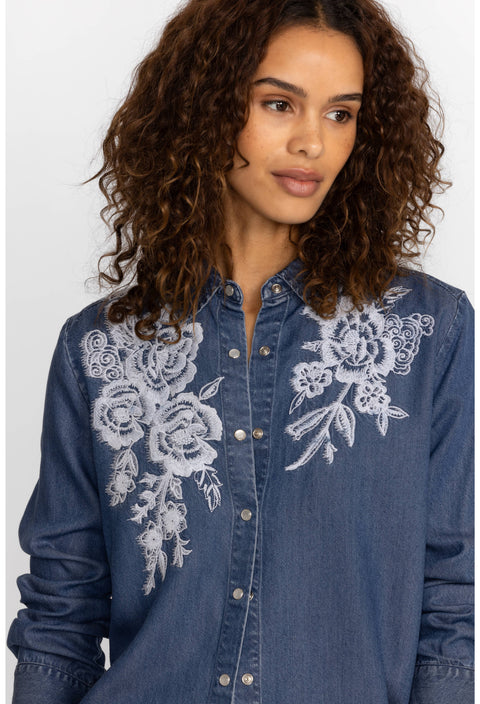 Johnny Was Alicent Denim Blue Jean Button Down Shirt Long Sleeve Top White Floral Embroidery New