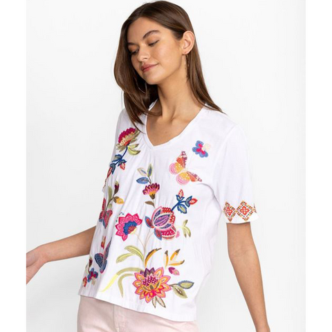 Johnny Was Gracey Trapunto V Neck Tee Shirt White Butterfly Embroidery Top New
