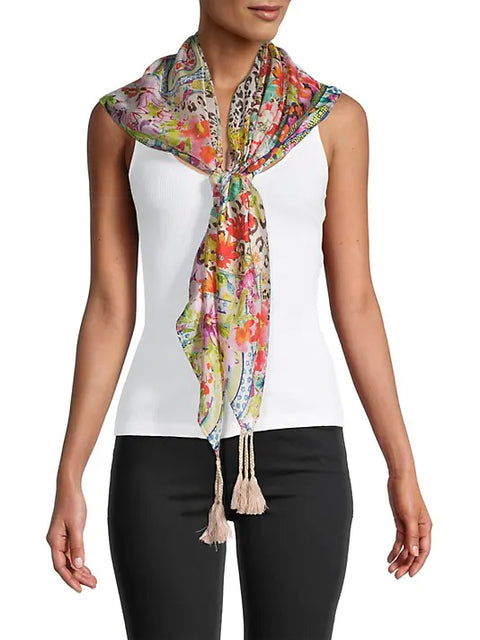 Johnny Was Silk Wild Garden Scarf Floral Pink Square Beige Tassel Scarves New