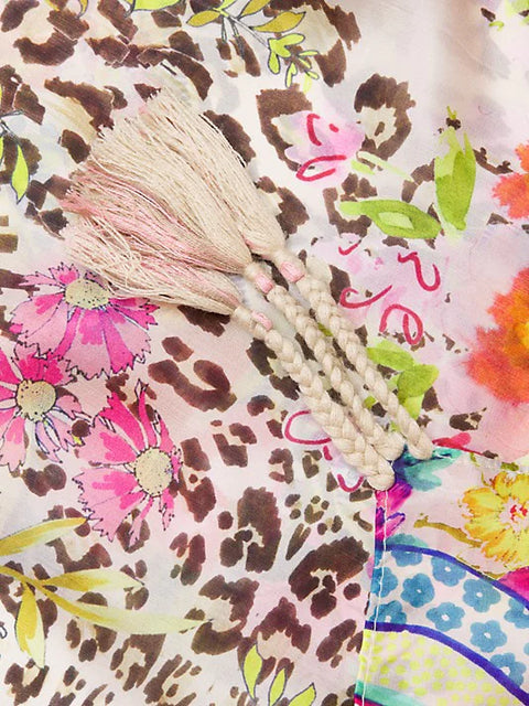Johnny Was Silk Wild Garden Scarf Floral Pink Square Beige Tassel Scarves New
