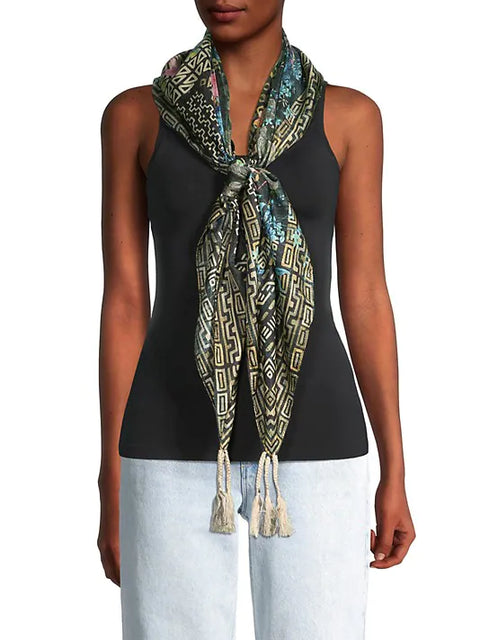 Johnny Was Silk Weller Scarf Floral Dark Green Square Large Tassel Scarves New