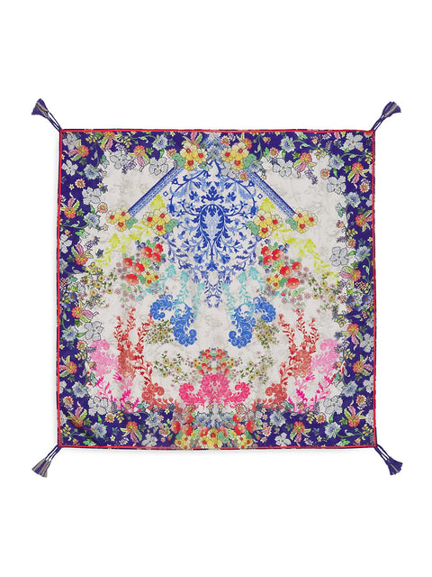 Johnny Was Shellinay Silk Scarf Floral Square Large Flower Tassels Blue Beige NEW