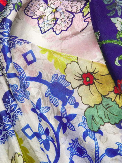 Johnny Was Shellinay Silk Scarf Floral Square Large Flower Tassels Blue Beige NEW
