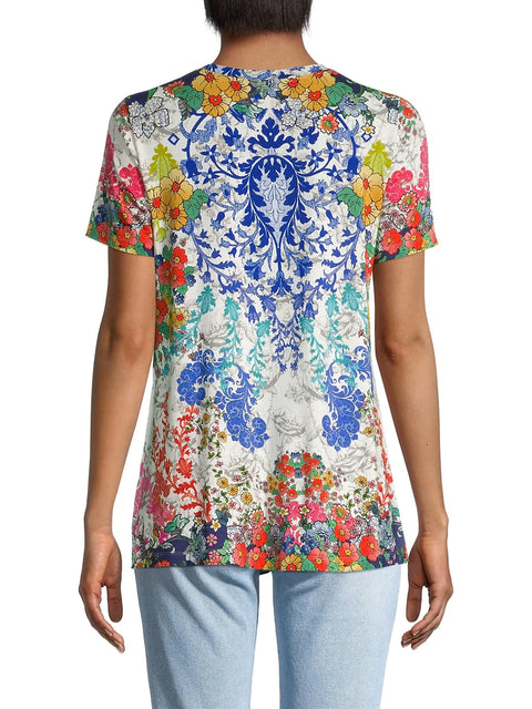 Johnny Was Shellinay Favorite Short Crew Swing Shirt Tee Blue Pink Top Small NEW