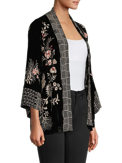 Johnny Was Valentina Velvet Cropped Kimono Jacket Top Black Floral Embroidery NEW