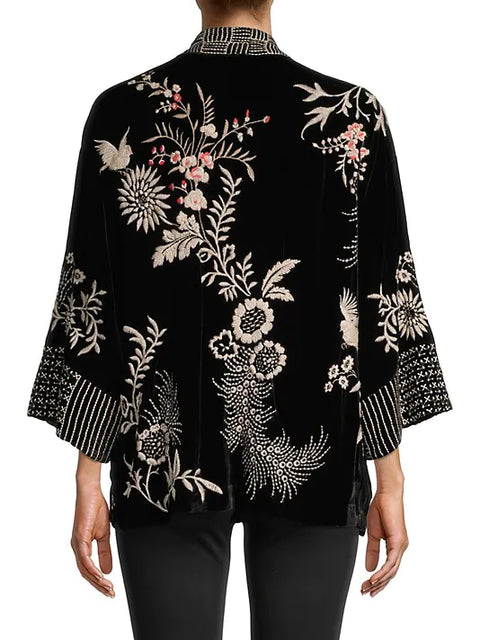 Johnny Was Valentina Velvet Cropped Kimono Jacket Top Black Floral Embroidery NEW